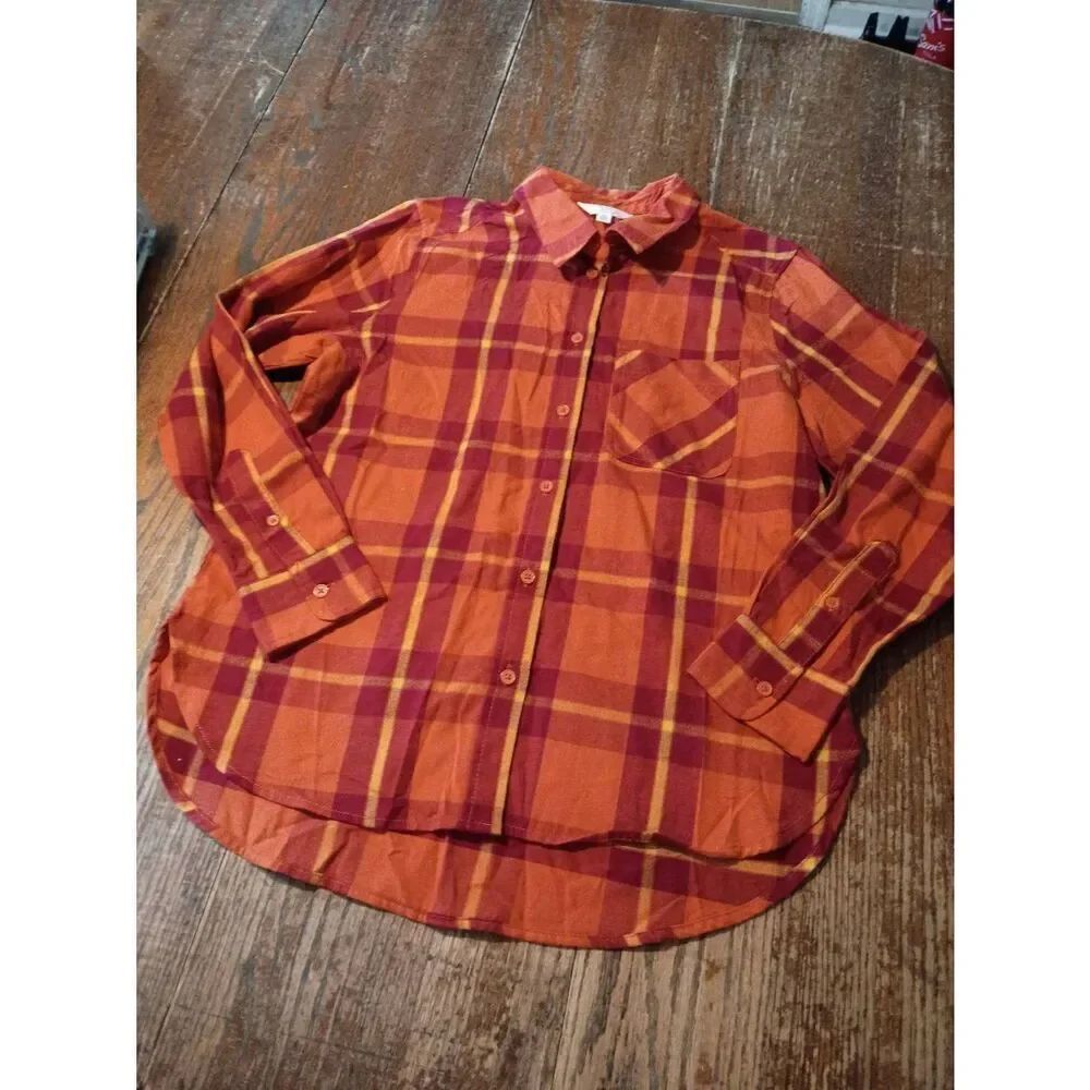 Small Time and Tru Cotton Orange Red Yellow Long Sleeve Button Front Top Shirt